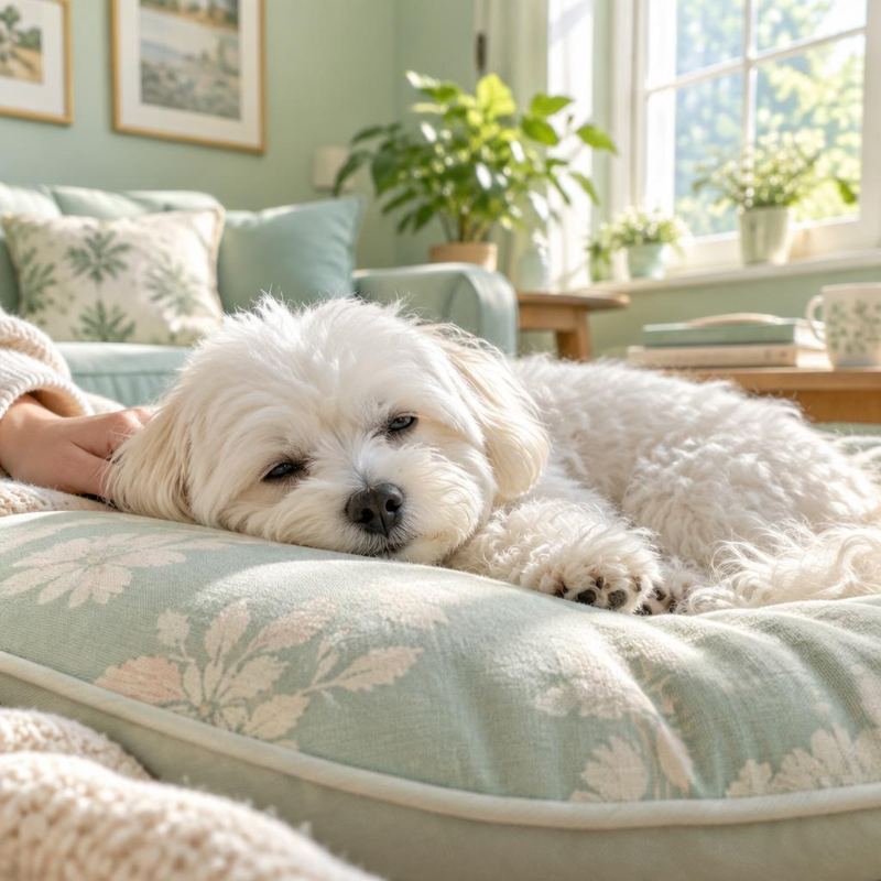 Perro blanco descansando tranquilo en casa